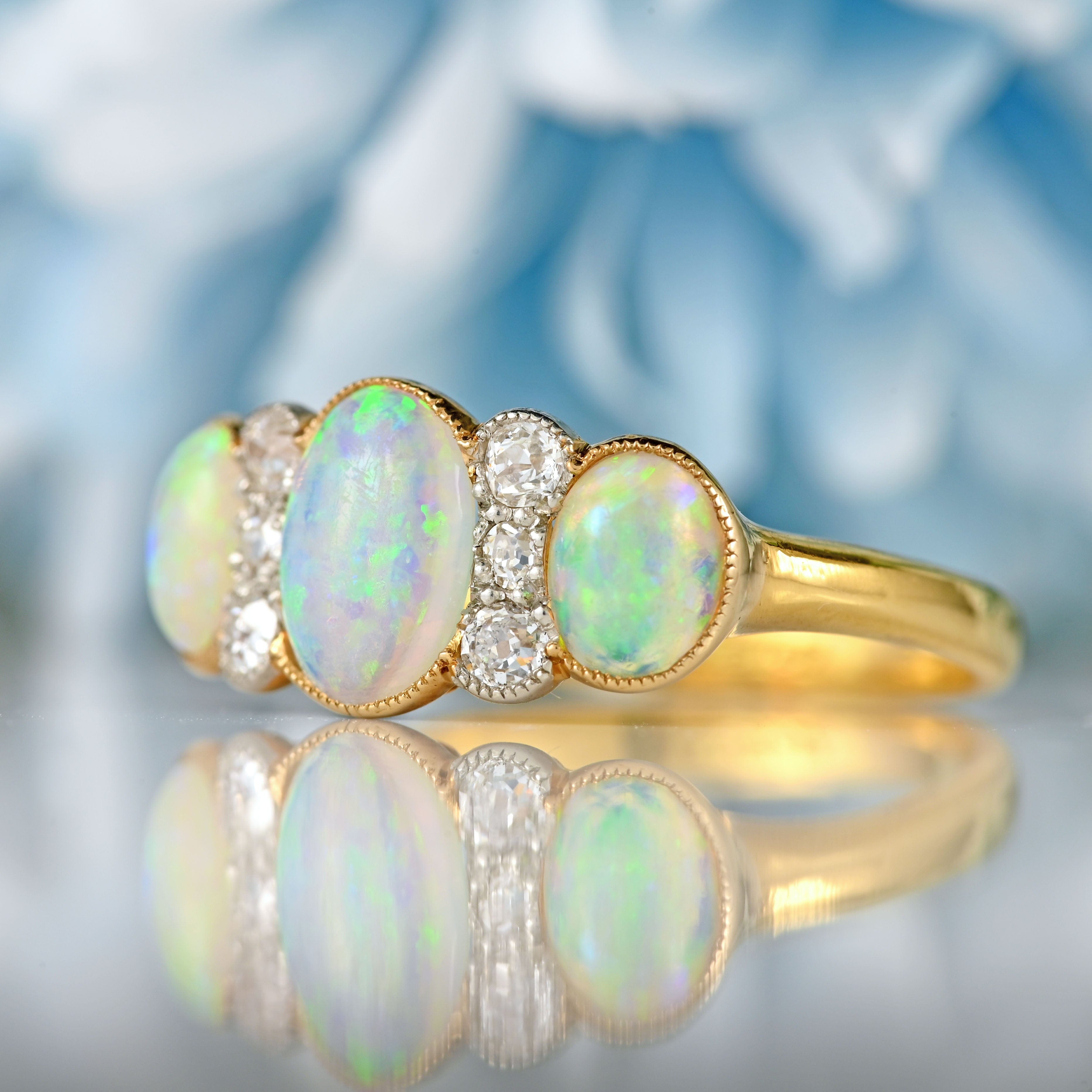 Ellibelle Jewellery Edwardian Three-Stone Opal & Old-Cut Diamond 18ct Gold Ring