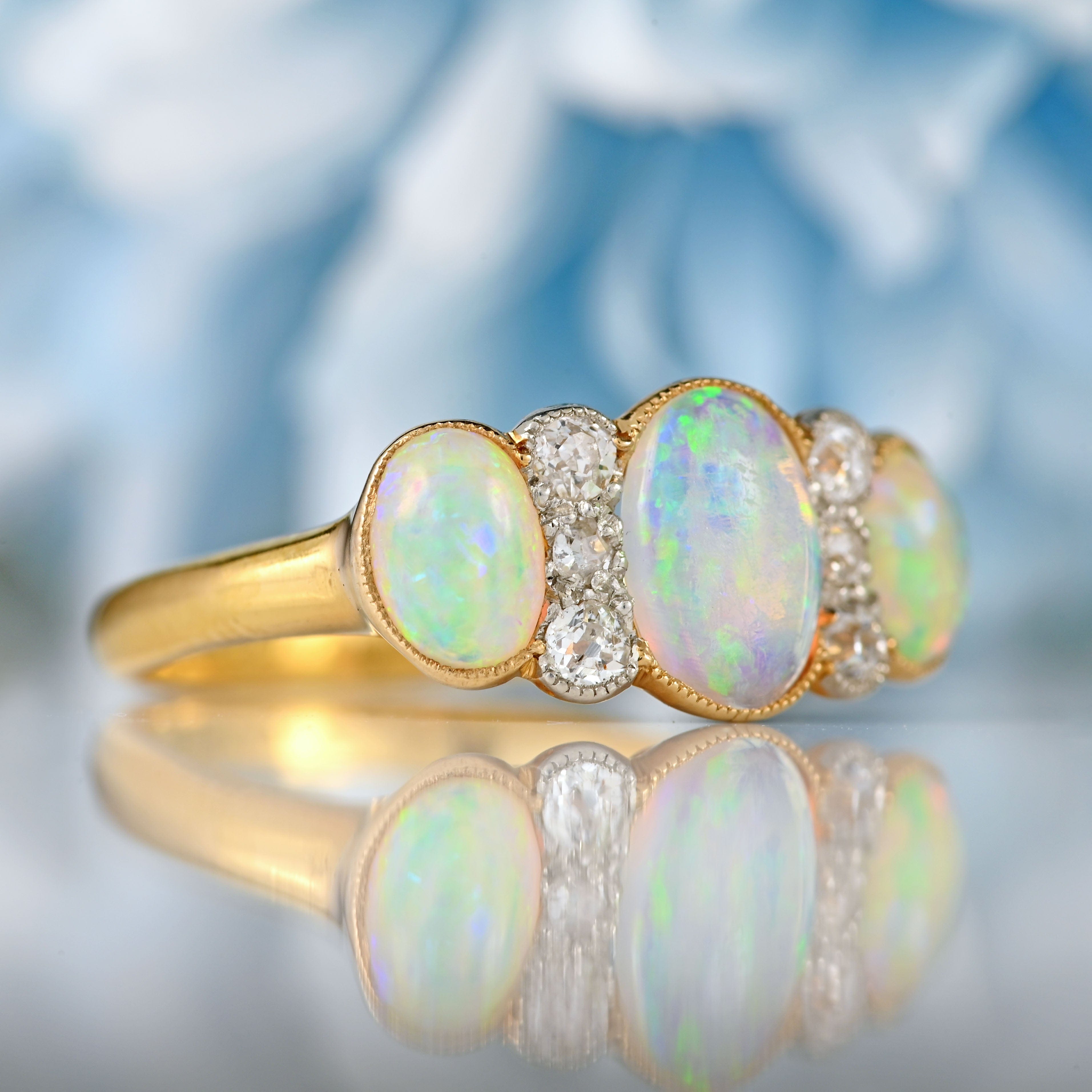 Ellibelle Jewellery Edwardian Three-Stone Opal & Old-Cut Diamond 18ct Gold Ring