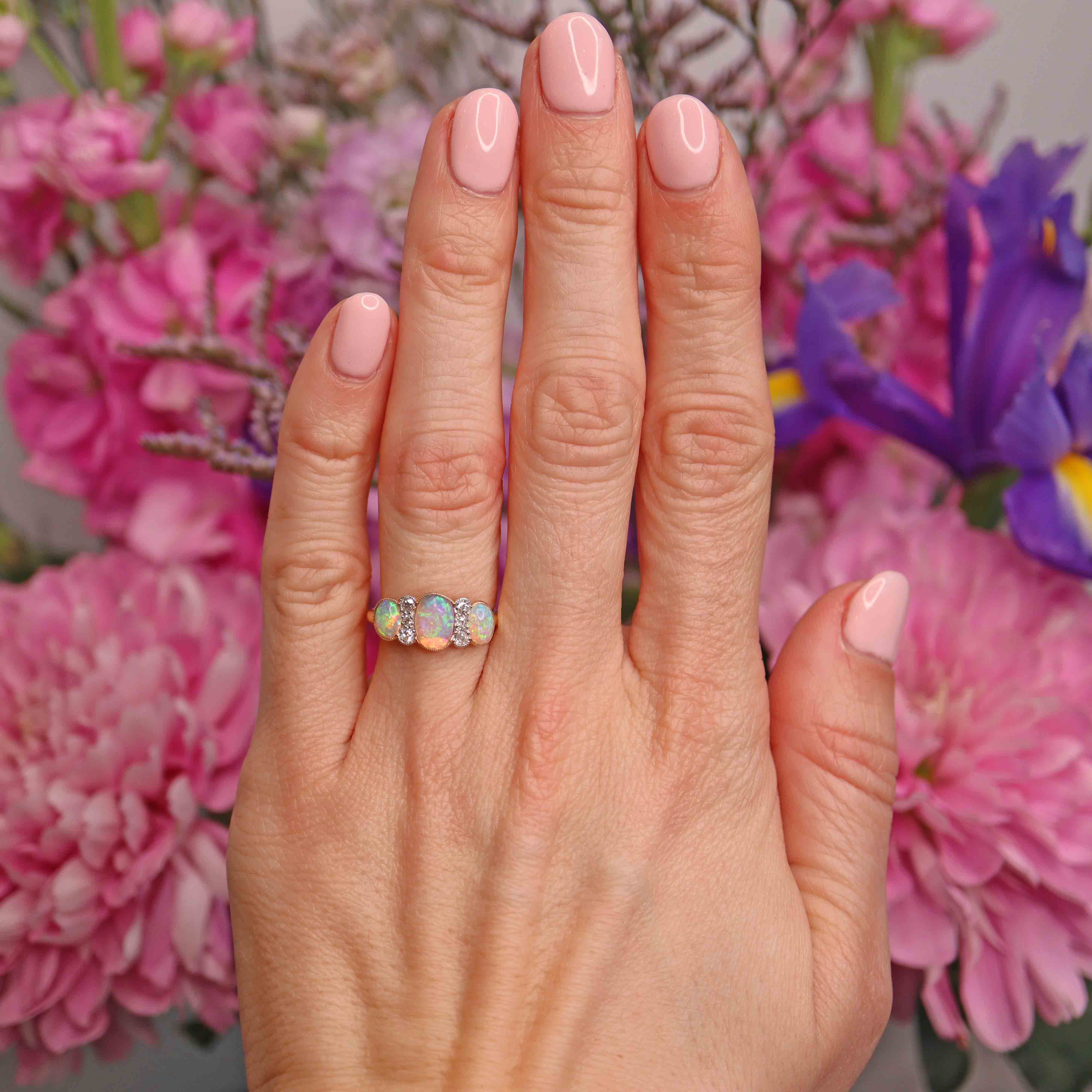 Ellibelle Jewellery Edwardian Three-Stone Opal & Old-Cut Diamond 18ct Gold Ring