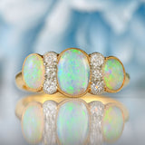 Ellibelle Jewellery Edwardian Three-Stone Opal & Old-Cut Diamond 18ct Gold Ring