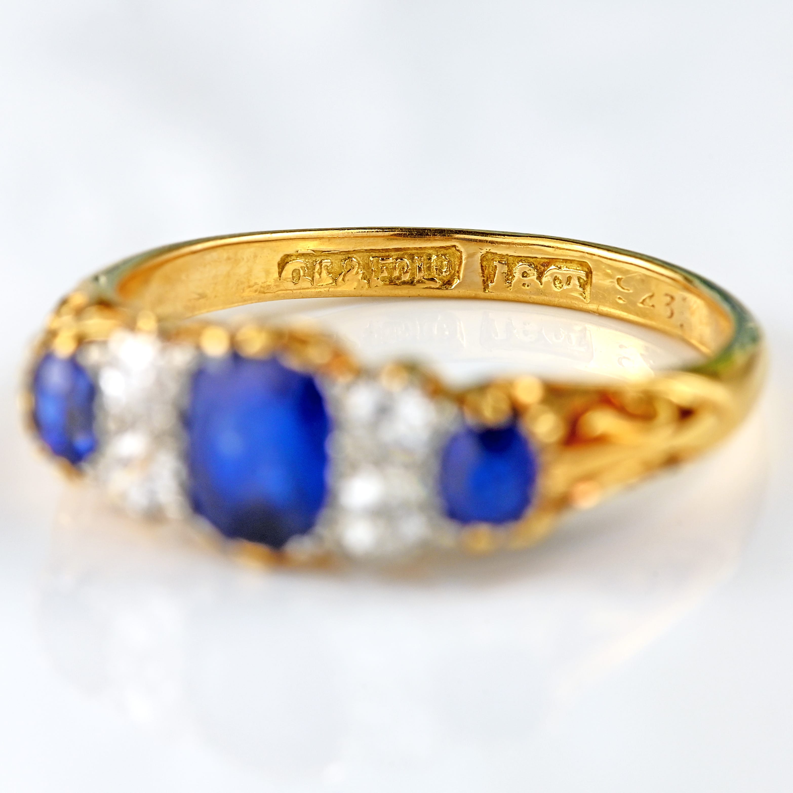 Ellibelle Jewellery Edwardian Three-Stone Sapphire & Diamond 18ct Gold Ring