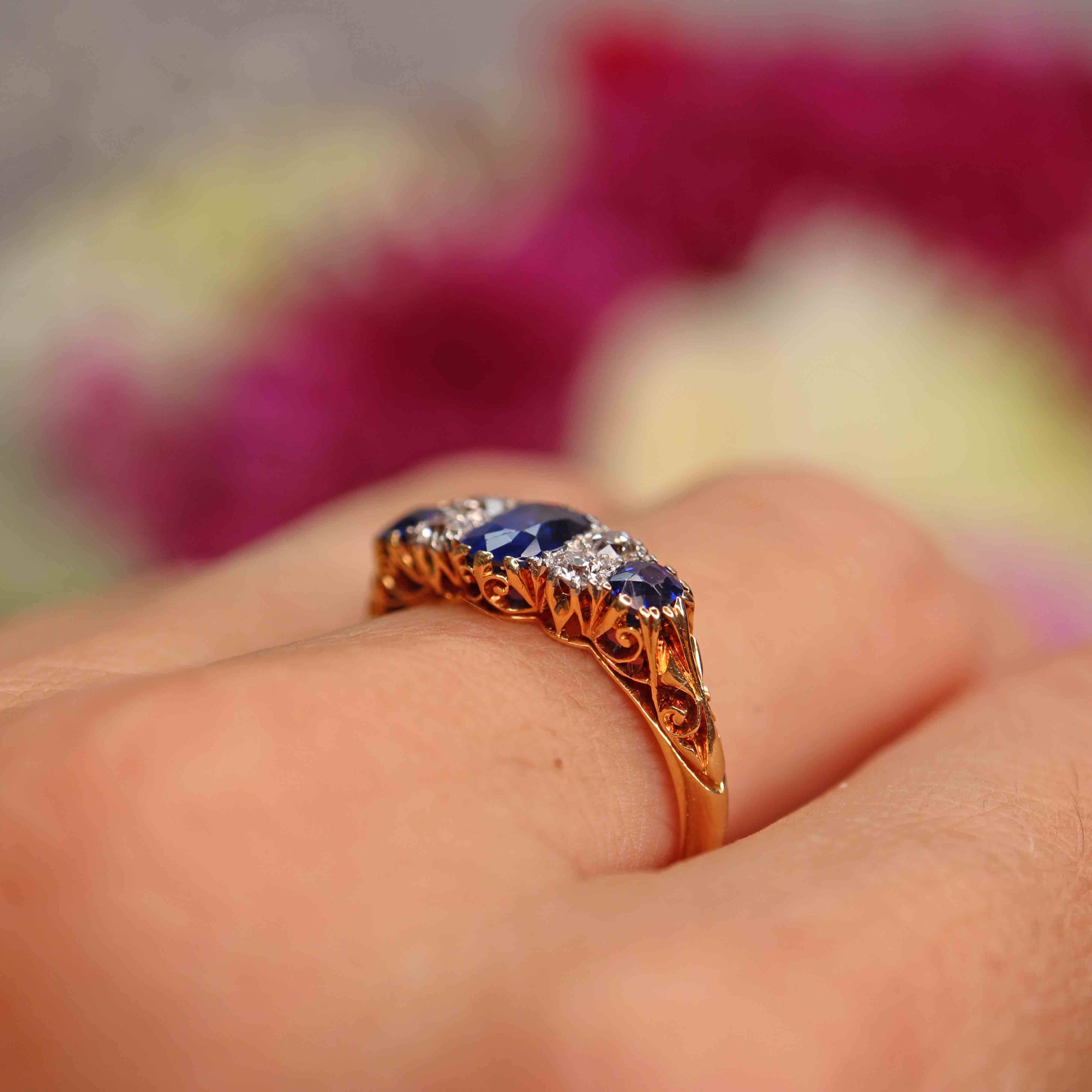 Ellibelle Jewellery Edwardian Three-Stone Sapphire & Diamond 18ct Gold Ring