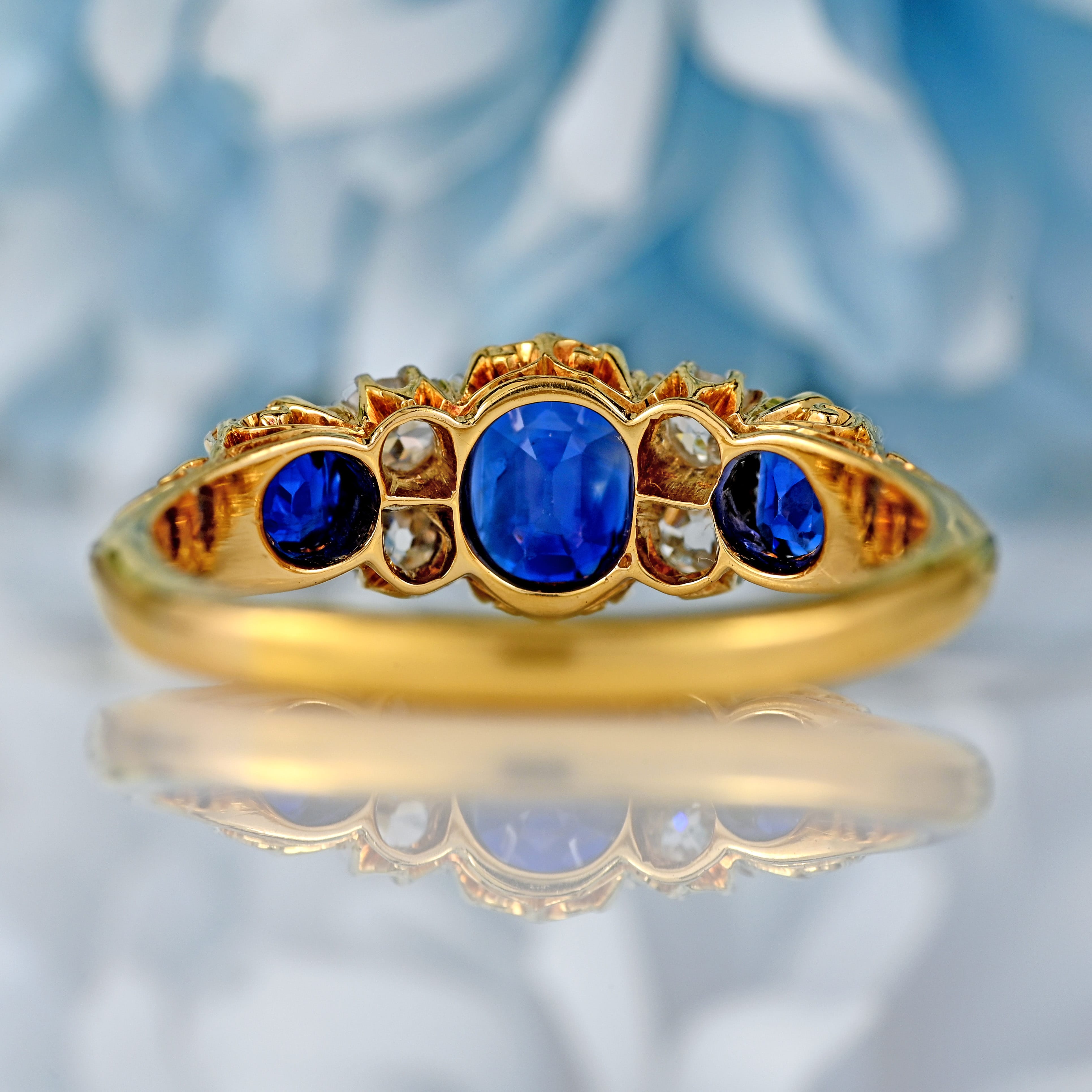Ellibelle Jewellery Edwardian Three-Stone Sapphire & Diamond 18ct Gold Ring