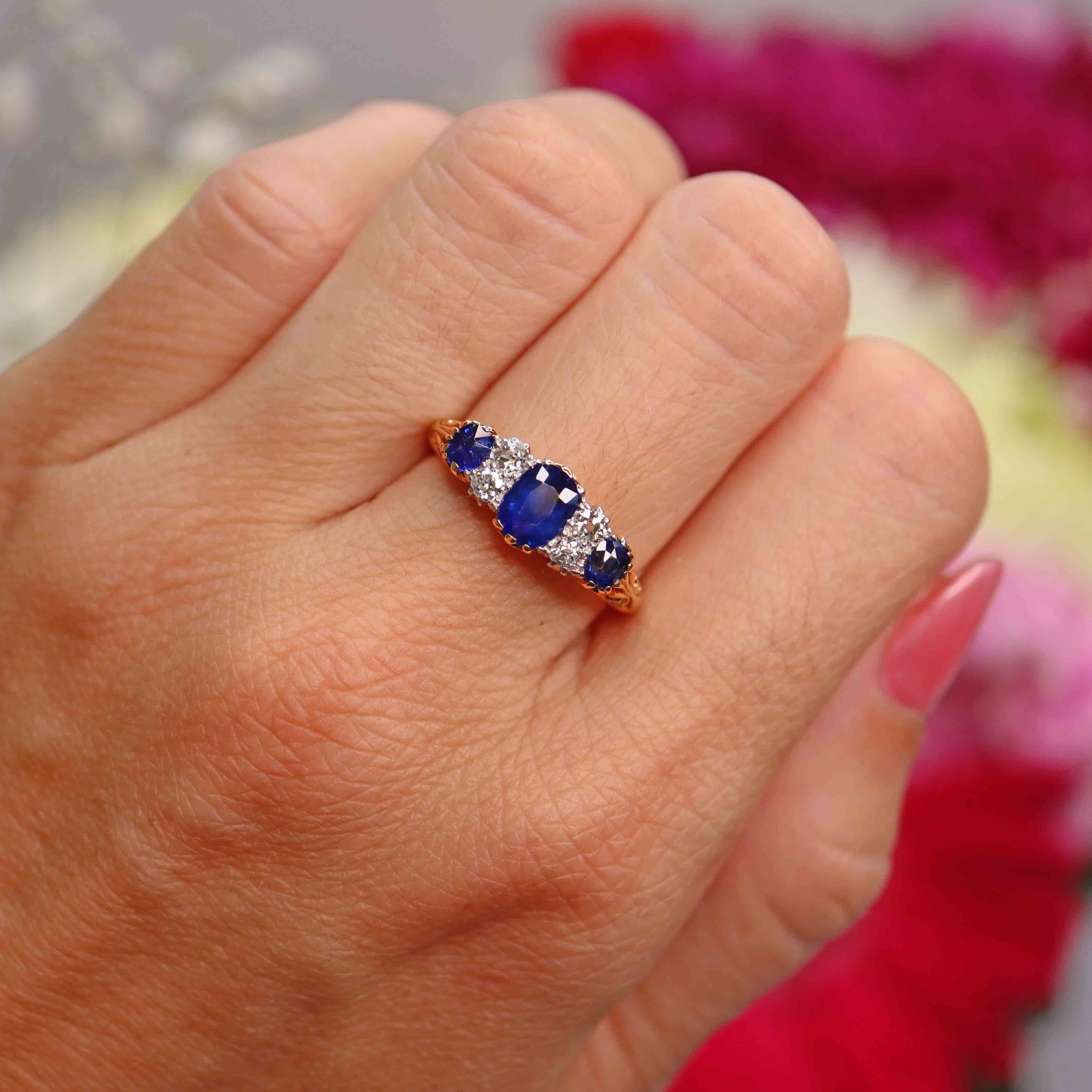 Ellibelle Jewellery Edwardian Three-Stone Sapphire & Diamond 18ct Gold Ring