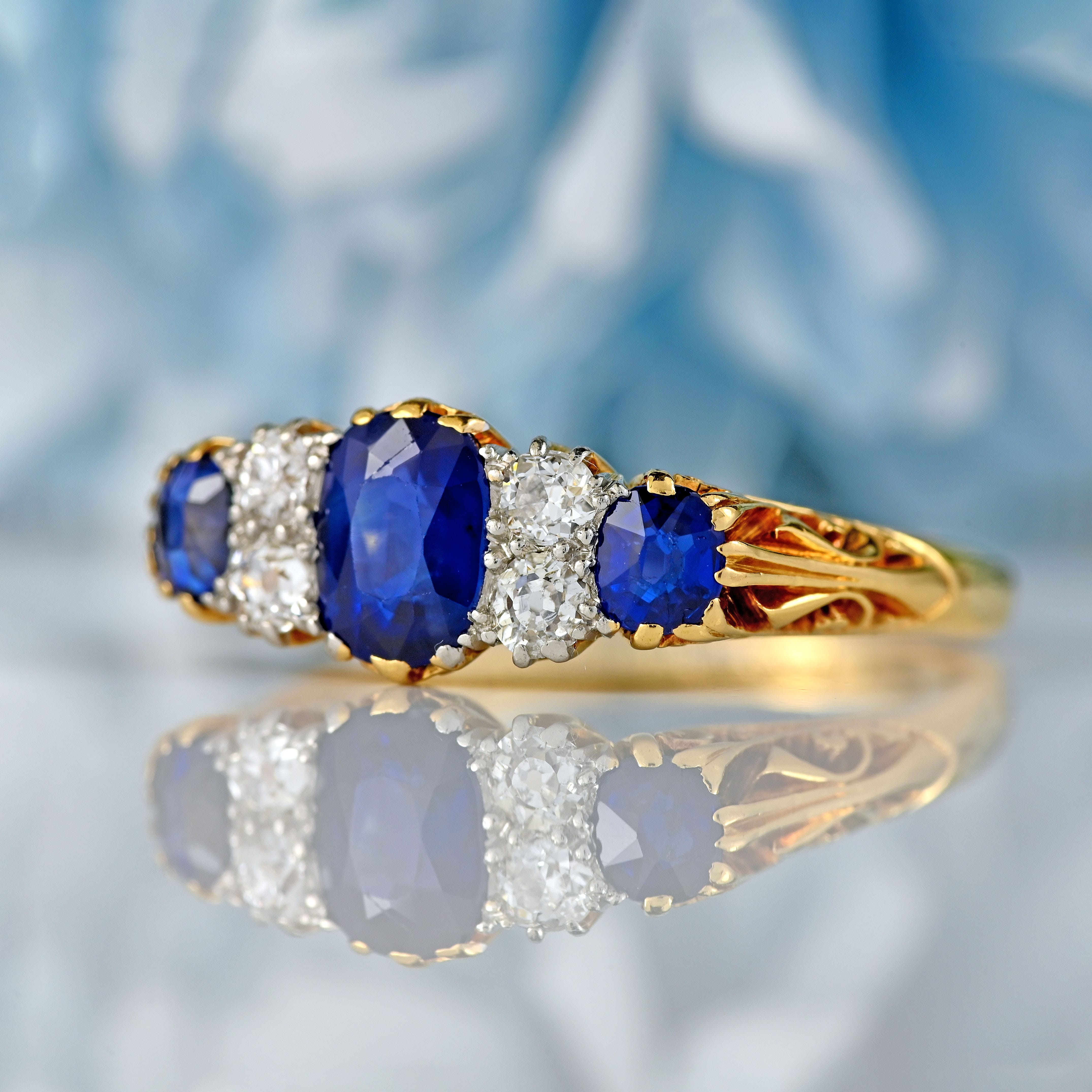 Ellibelle Jewellery Edwardian Three-Stone Sapphire & Diamond 18ct Gold Ring