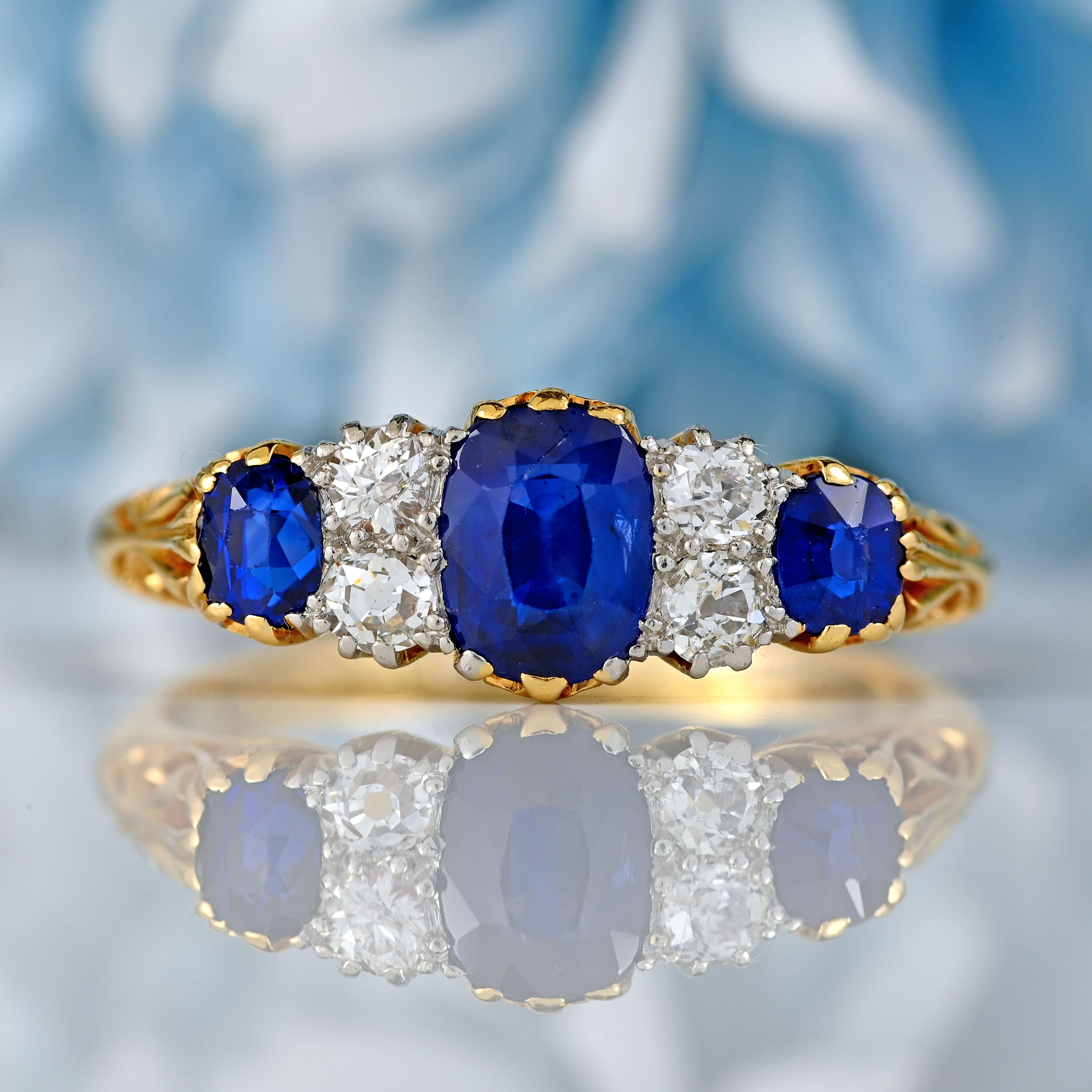 Ellibelle Jewellery Edwardian Three-Stone Sapphire & Diamond 18ct Gold Ring