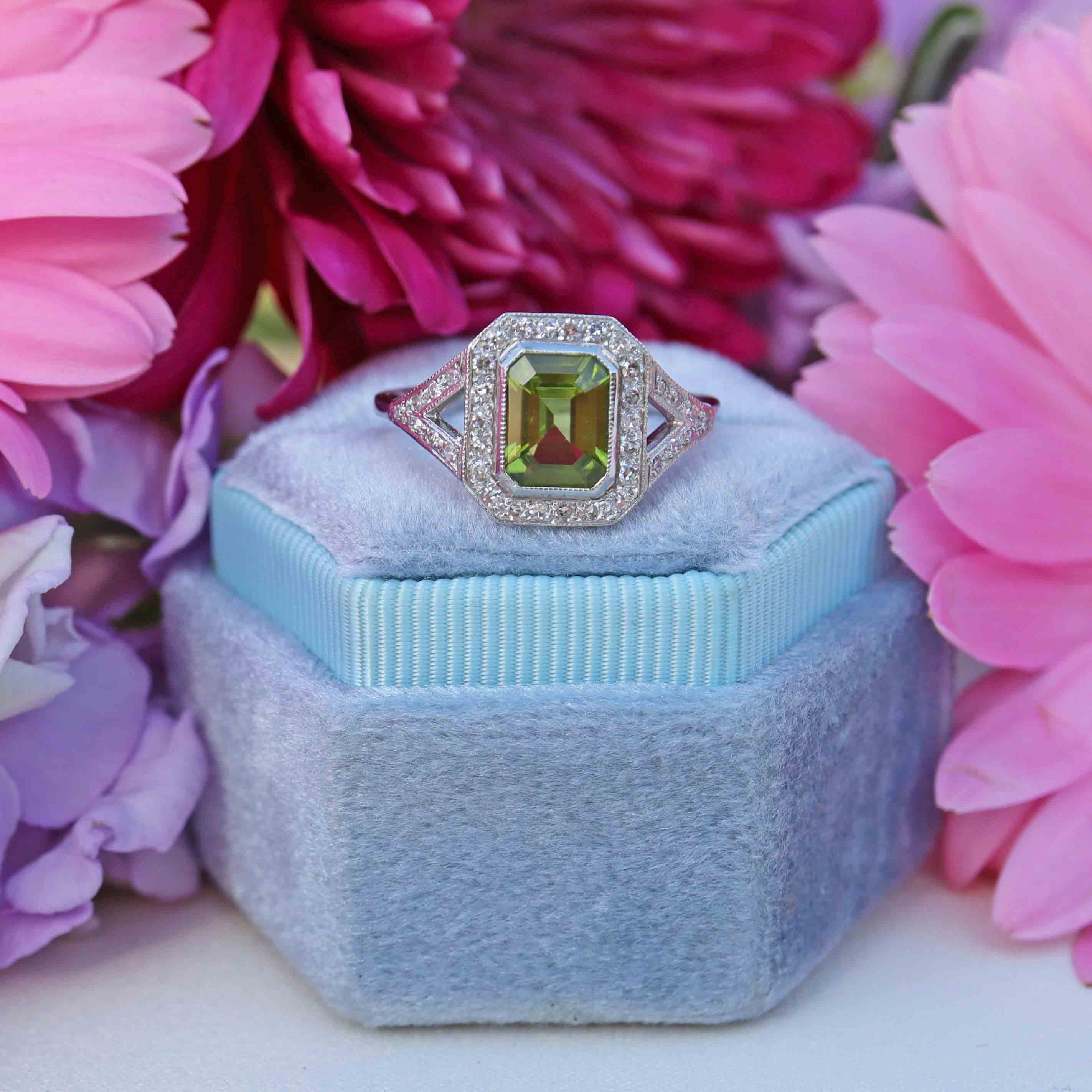Ellibelle Jewellery Emerald-Cut Peridot & Diamond Platinum Geometric Cluster Ring (1.52cts)