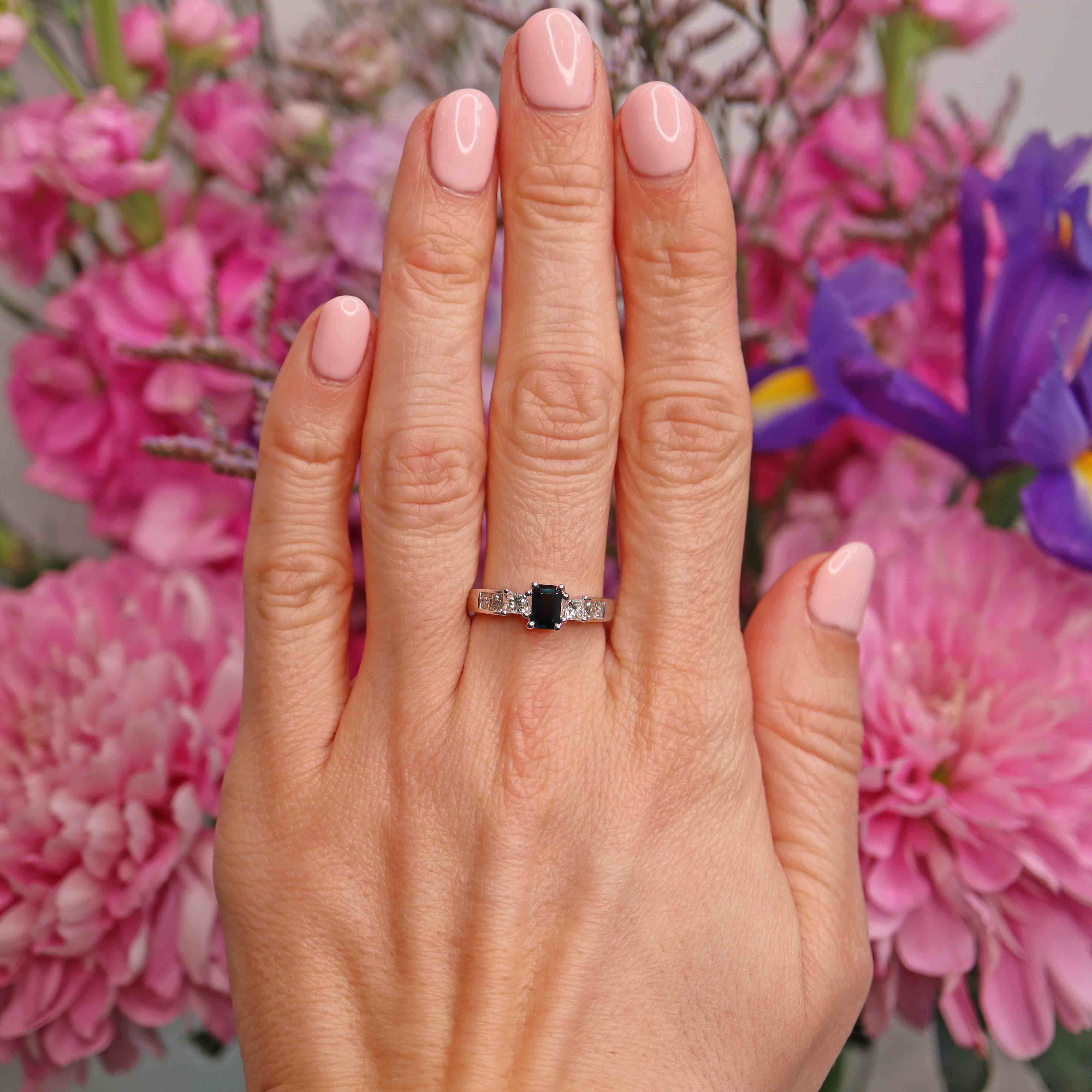 Ellibelle Jewellery Emerald-Cut Sapphire & Princess-Cut Diamond 18ct White Gold Ring