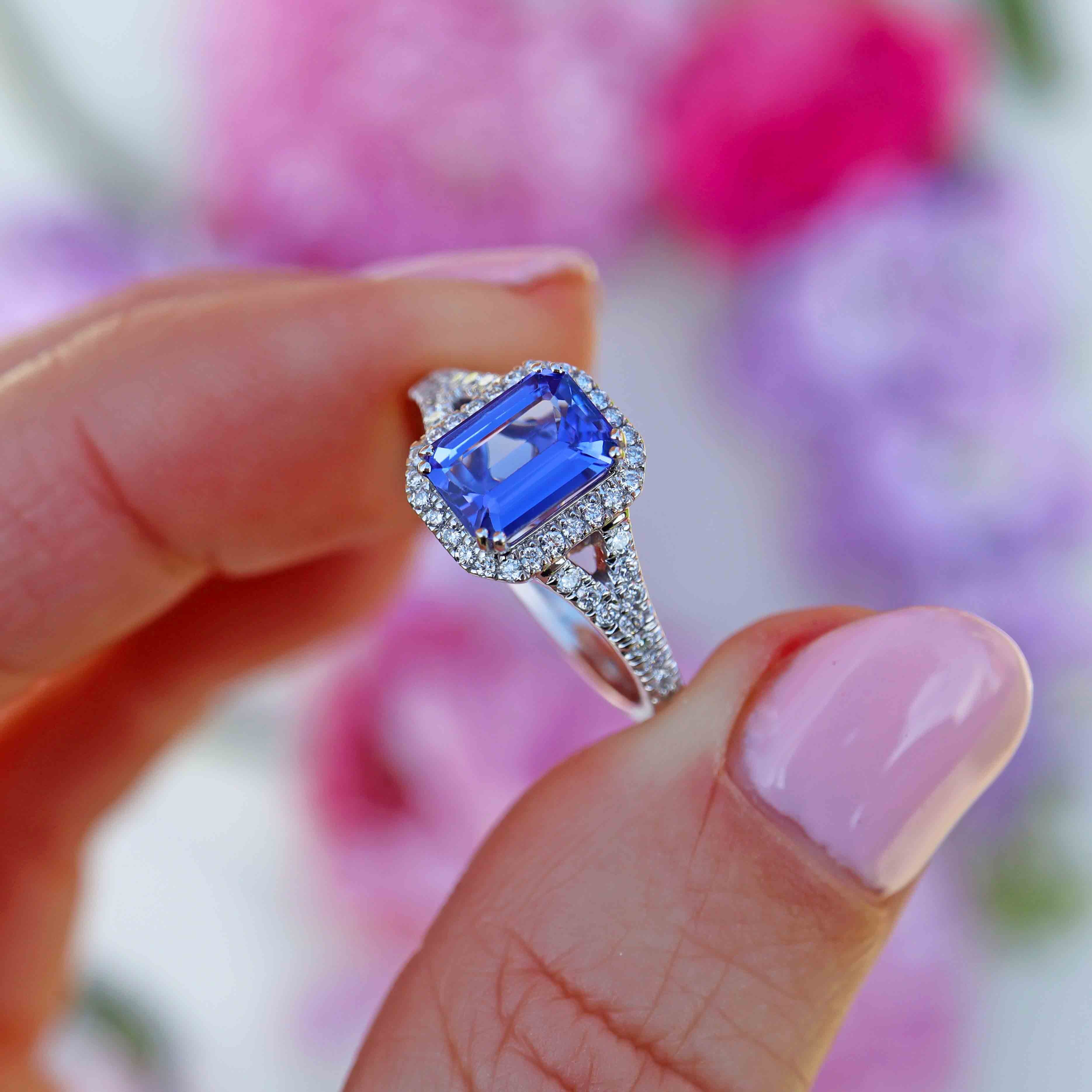 Ellibelle Jewellery Emerald-Cut Tanzanite & Diamond Platinum Halo Ring