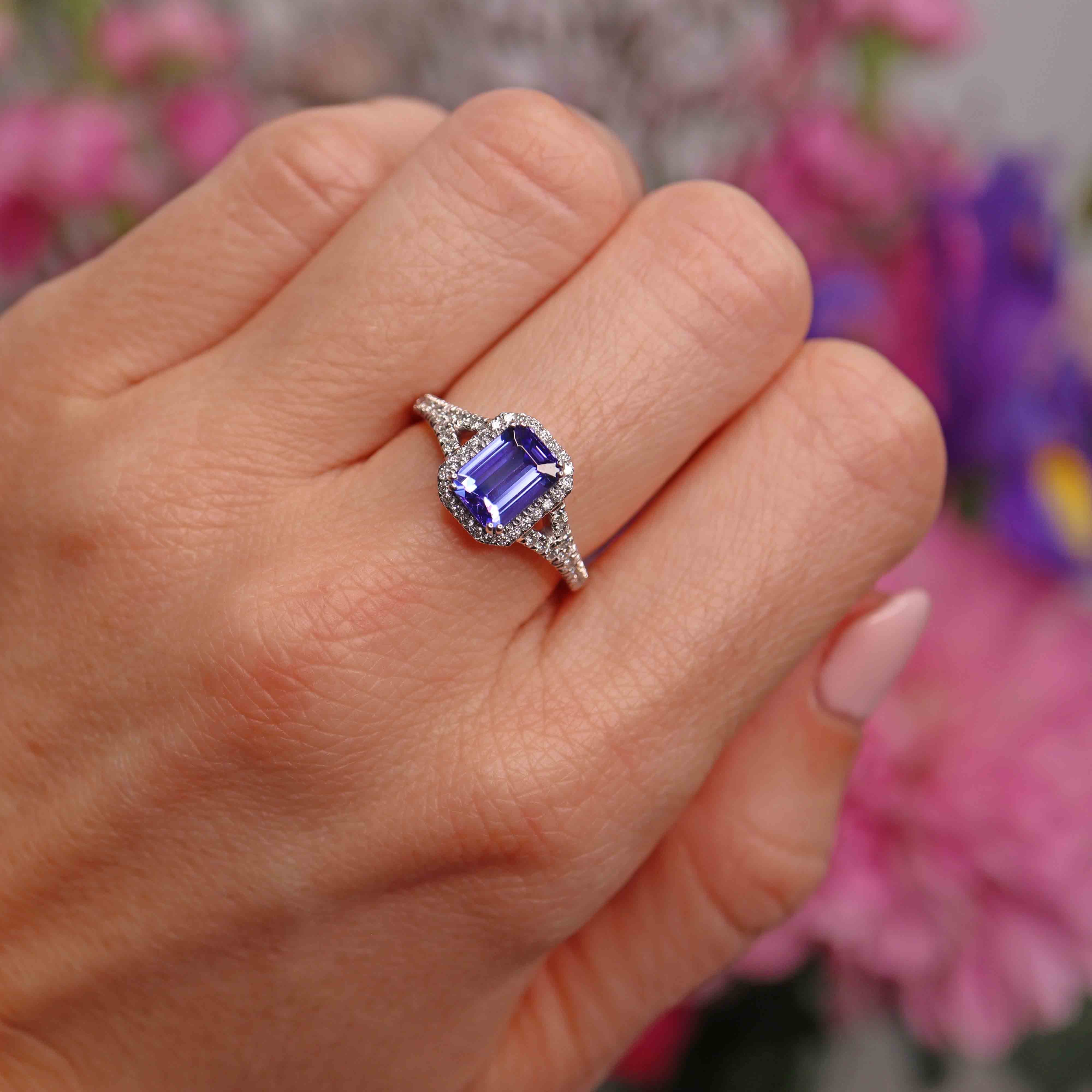 Ellibelle Jewellery Emerald-Cut Tanzanite & Diamond Platinum Halo Ring