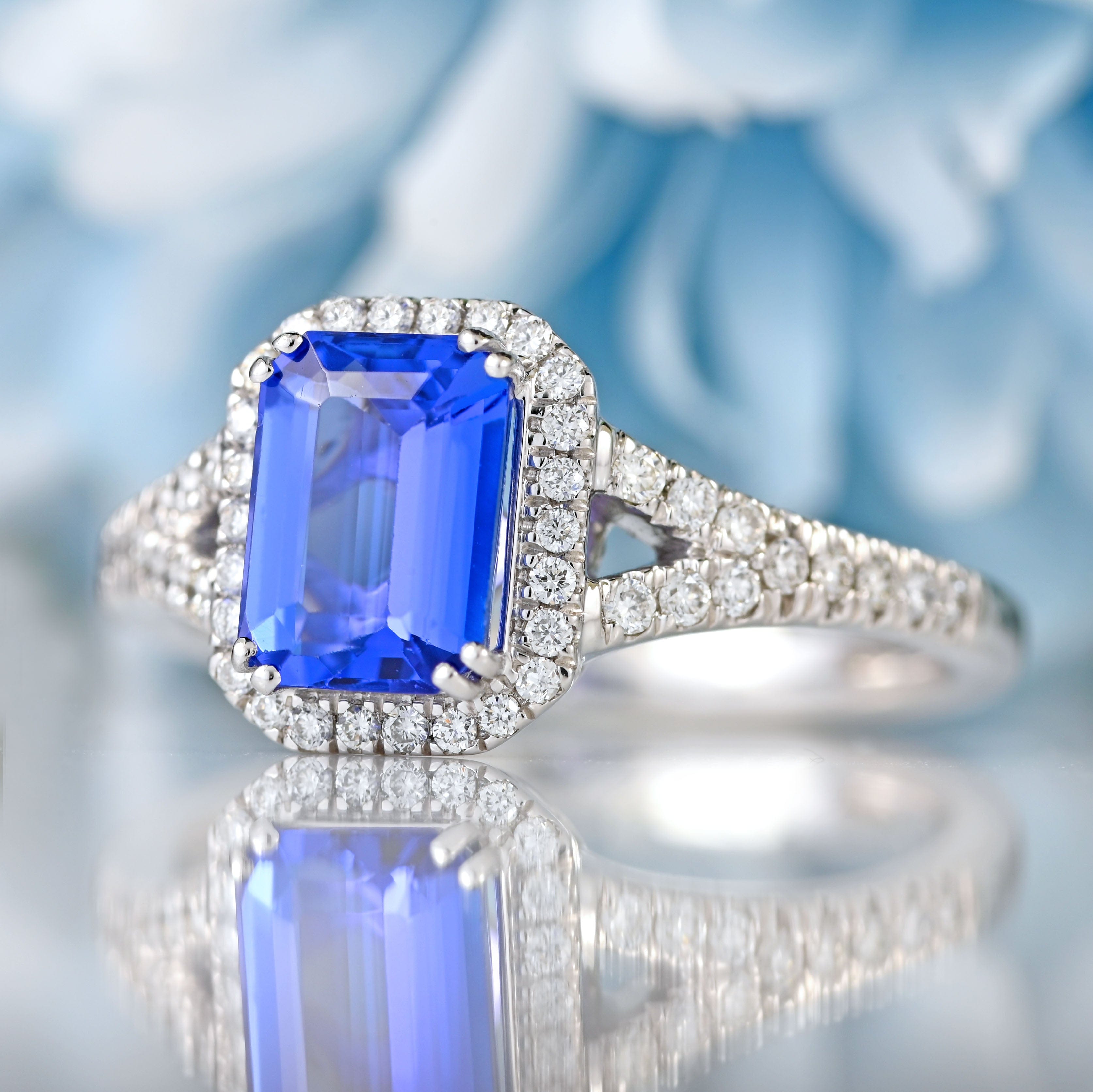 Ellibelle Jewellery Emerald-Cut Tanzanite & Diamond Platinum Halo Ring