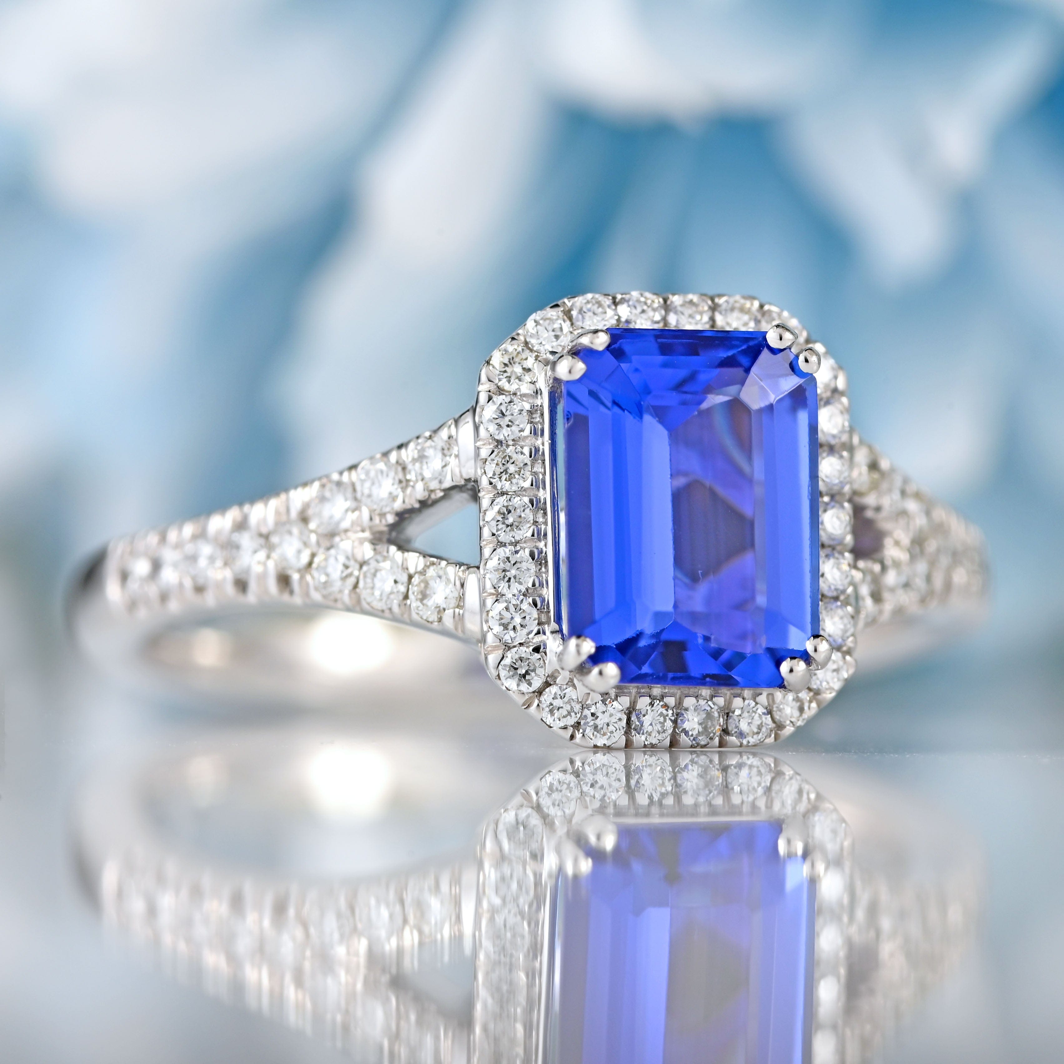 Ellibelle Jewellery Emerald-Cut Tanzanite & Diamond Platinum Halo Ring
