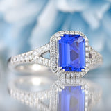 Ellibelle Jewellery Emerald-Cut Tanzanite & Diamond Platinum Halo Ring
