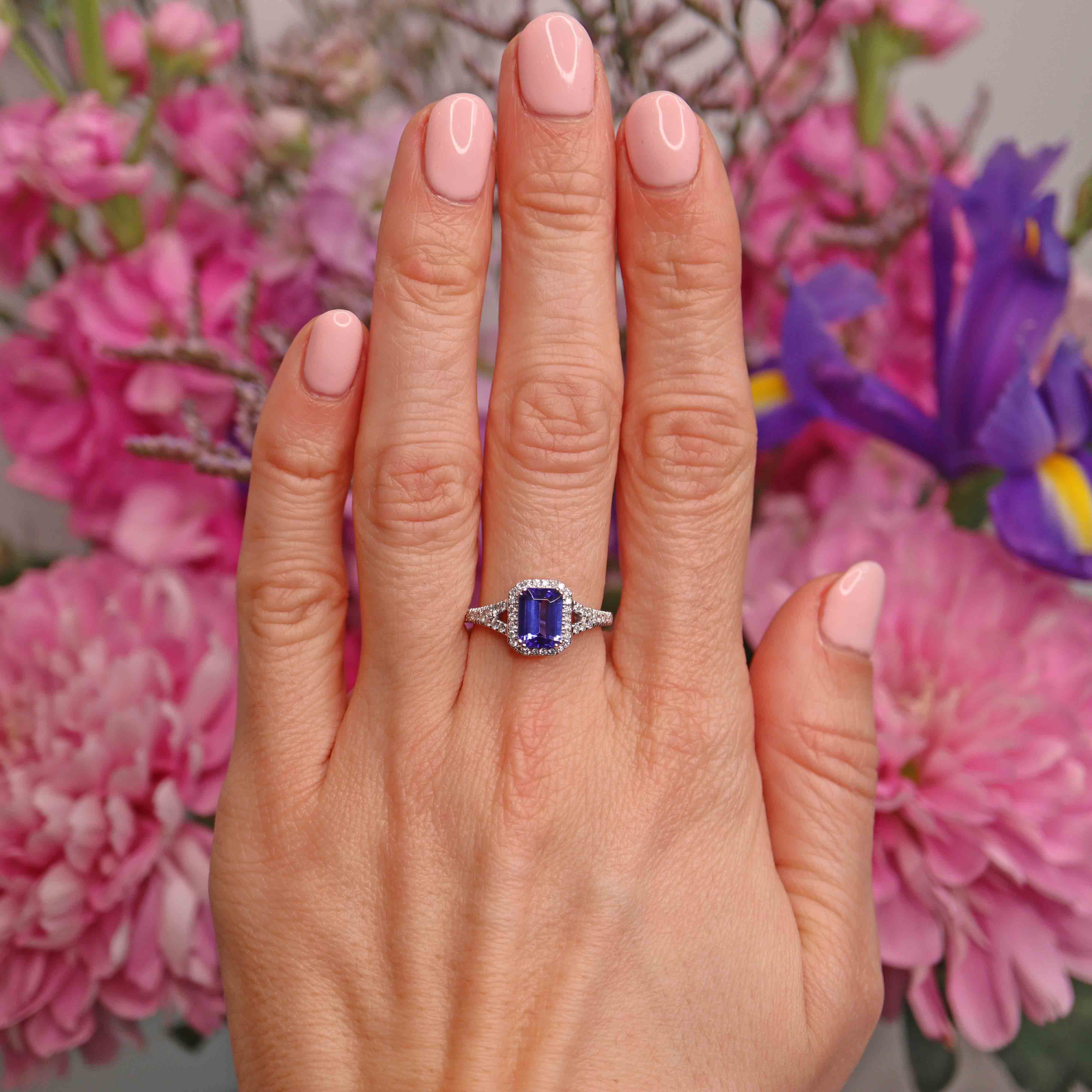 Ellibelle Jewellery Emerald-Cut Tanzanite & Diamond Platinum Halo Ring