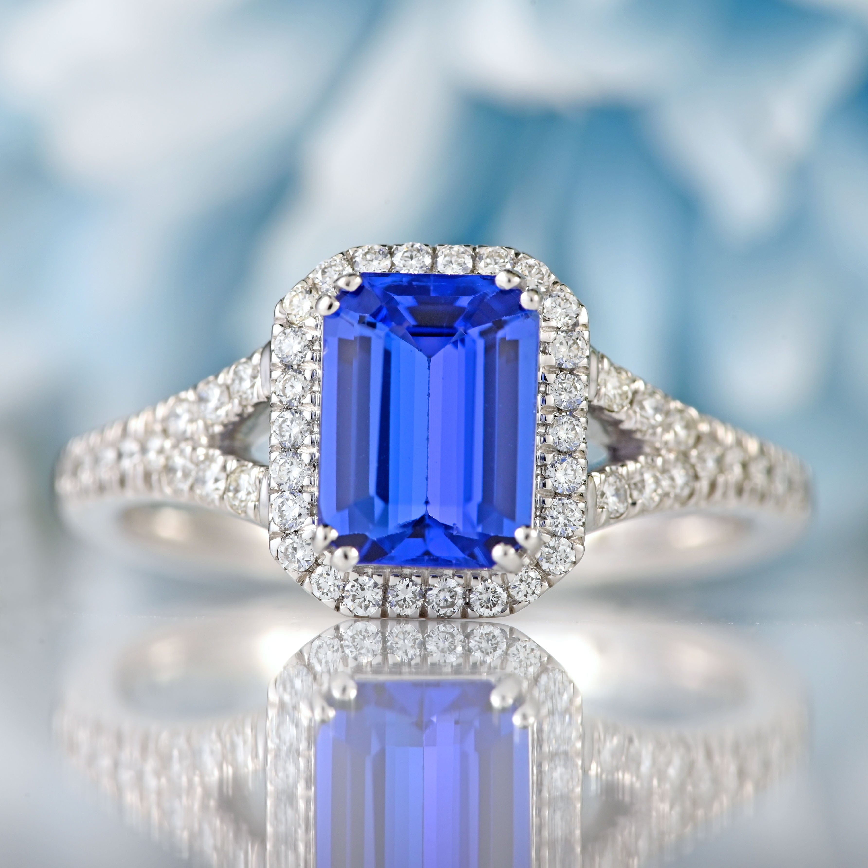 Ellibelle Jewellery Emerald-Cut Tanzanite & Diamond Platinum Halo Ring