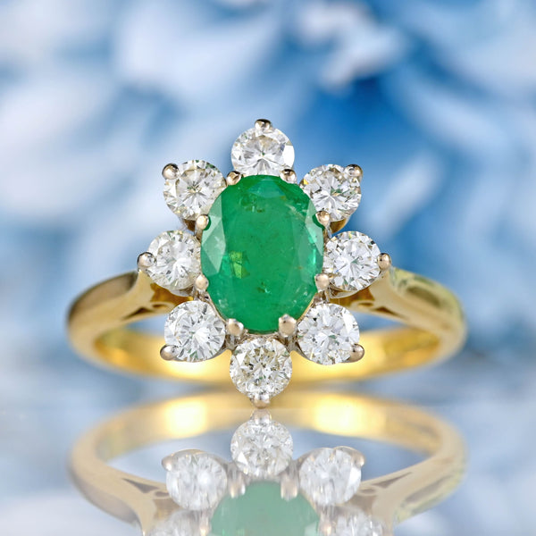 Ellibelle Jewellery Emerald & Diamond 18ct Gold Cluster Engagement Ring (0.90cts)