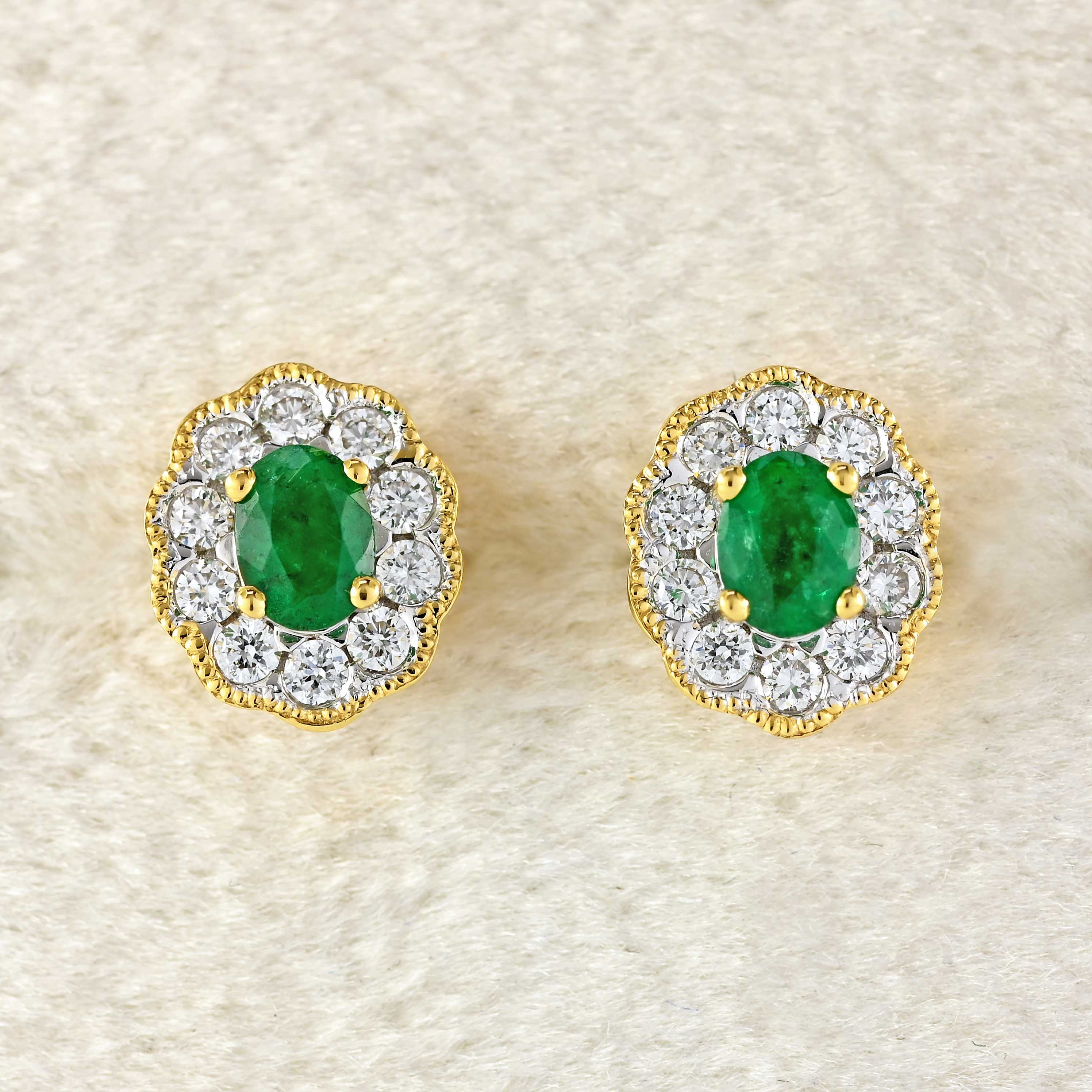 Ellibelle Jewellery Emerald & Diamond 18ct Gold Cluster Stud Earrings