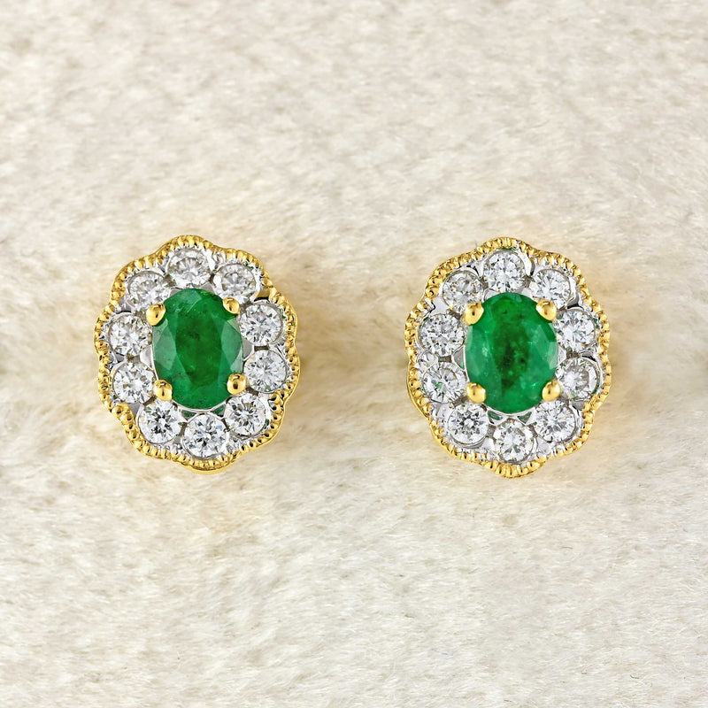 Ellibelle Jewellery Emerald & Diamond 18ct Gold Cluster Stud Earrings