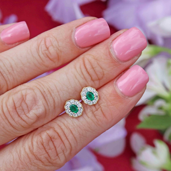 Ellibelle Jewellery Emerald & Diamond 18ct Gold Cluster Stud Earrings