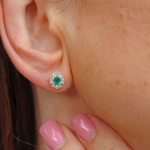 Ellibelle Jewellery Emerald & Diamond 18ct Gold Cluster Stud Earrings