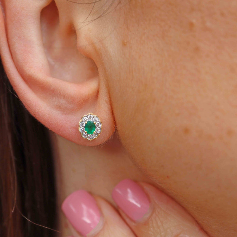 Ellibelle Jewellery Emerald & Diamond 18ct Gold Cluster Stud Earrings