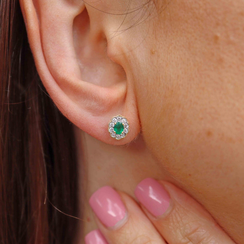 Ellibelle Jewellery Emerald & Diamond 18ct Gold Cluster Stud Earrings
