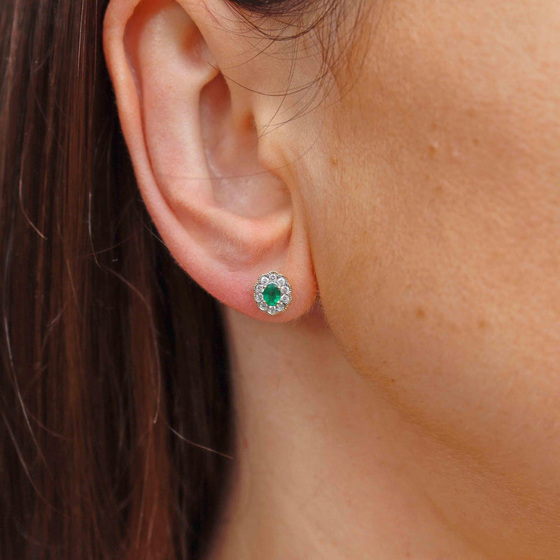 Ellibelle Jewellery Emerald & Diamond 18ct Gold Cluster Stud Earrings