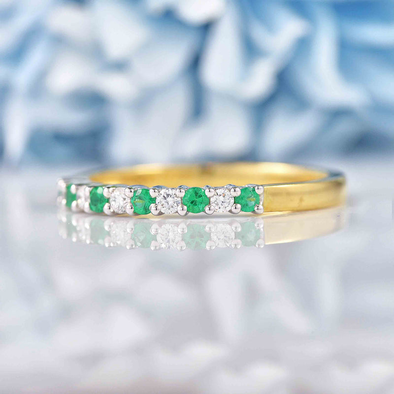 Ellibelle Jewellery Emerald & Diamond 18ct Gold Half-Eternity Thin Band Ring