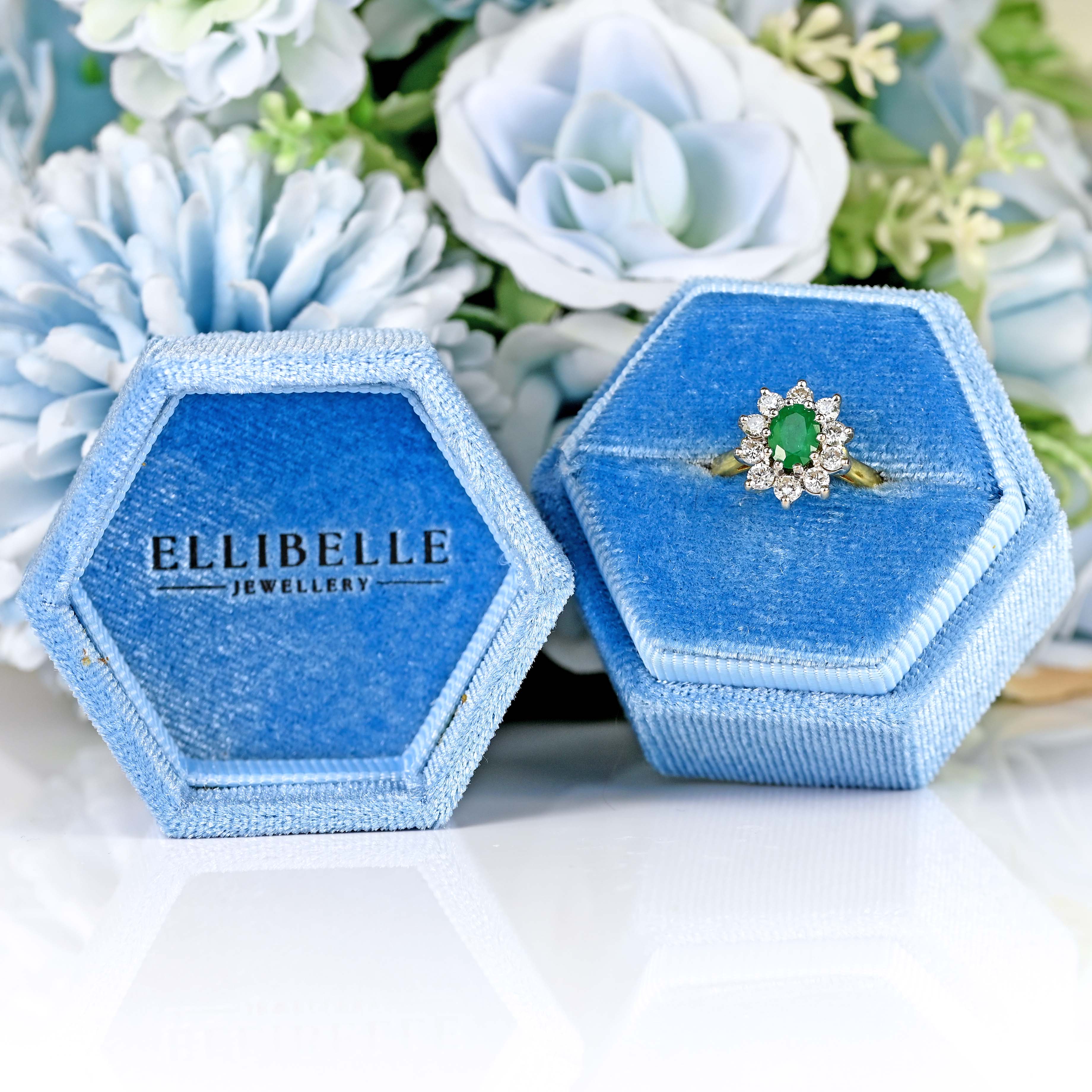 Ellibelle Jewellery Emerald & Diamond 18ct Gold Oval Cluster Engagement Ring (0.75cts)