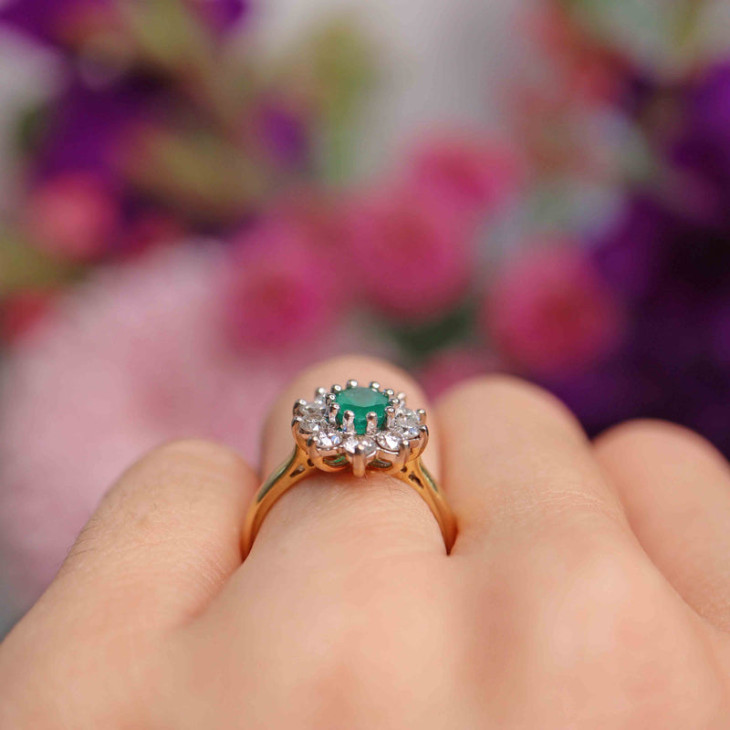 Ellibelle Jewellery Emerald & Diamond 18ct Gold Oval Cluster Engagement Ring (0.75cts)