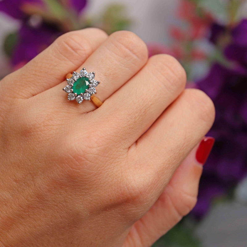 Ellibelle Jewellery Emerald & Diamond 18ct Gold Oval Cluster Engagement Ring (0.75cts)