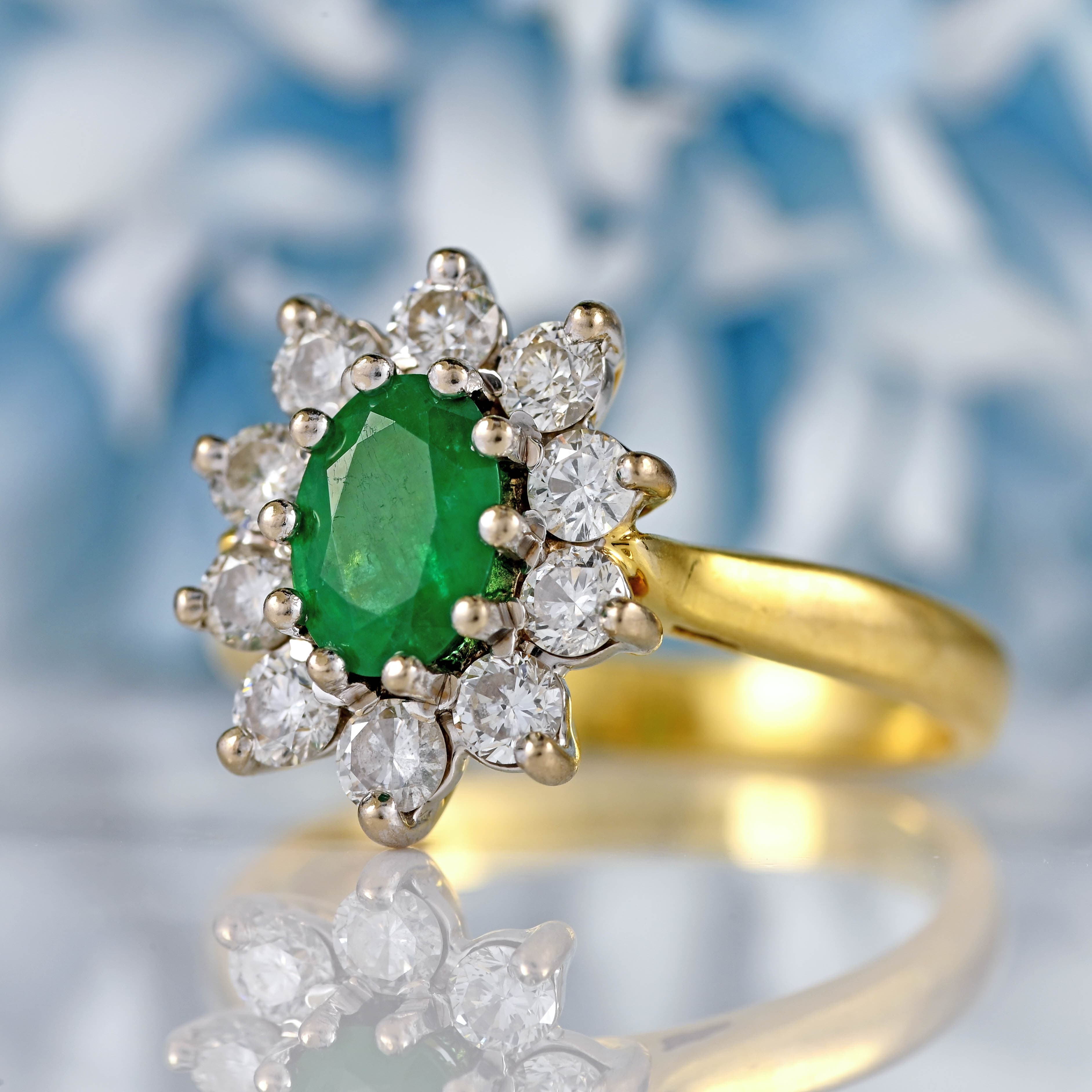 Ellibelle Jewellery Emerald & Diamond 18ct Gold Oval Cluster Engagement Ring (0.75cts)