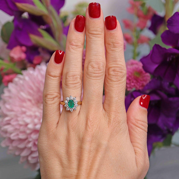 Ellibelle Jewellery Emerald & Diamond 18ct Gold Oval Cluster Engagement Ring (0.75cts)