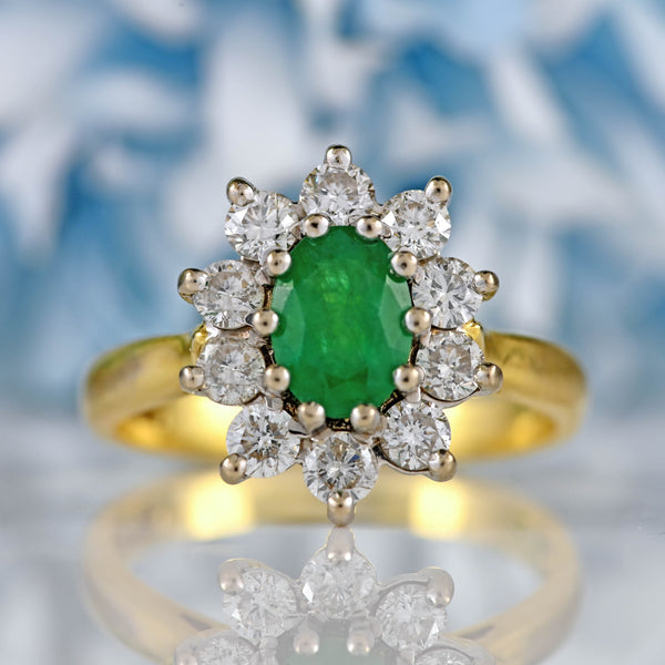 Ellibelle Jewellery Emerald & Diamond 18ct Gold Oval Cluster Engagement Ring (0.75cts)