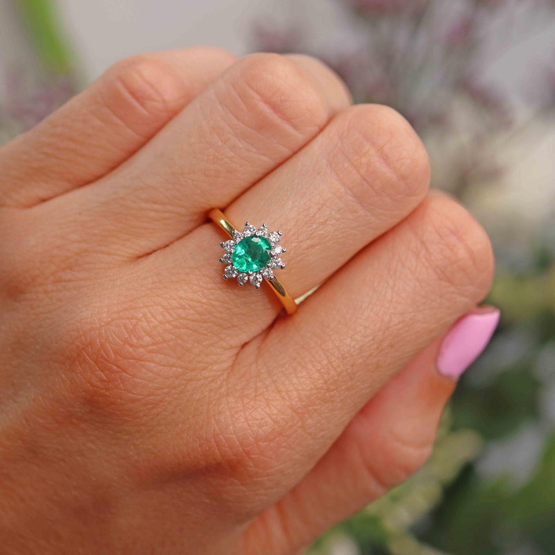 Ellibelle Jewellery Emerald & Diamond 18ct Gold Oval Cluster Ring (0.55cts)
