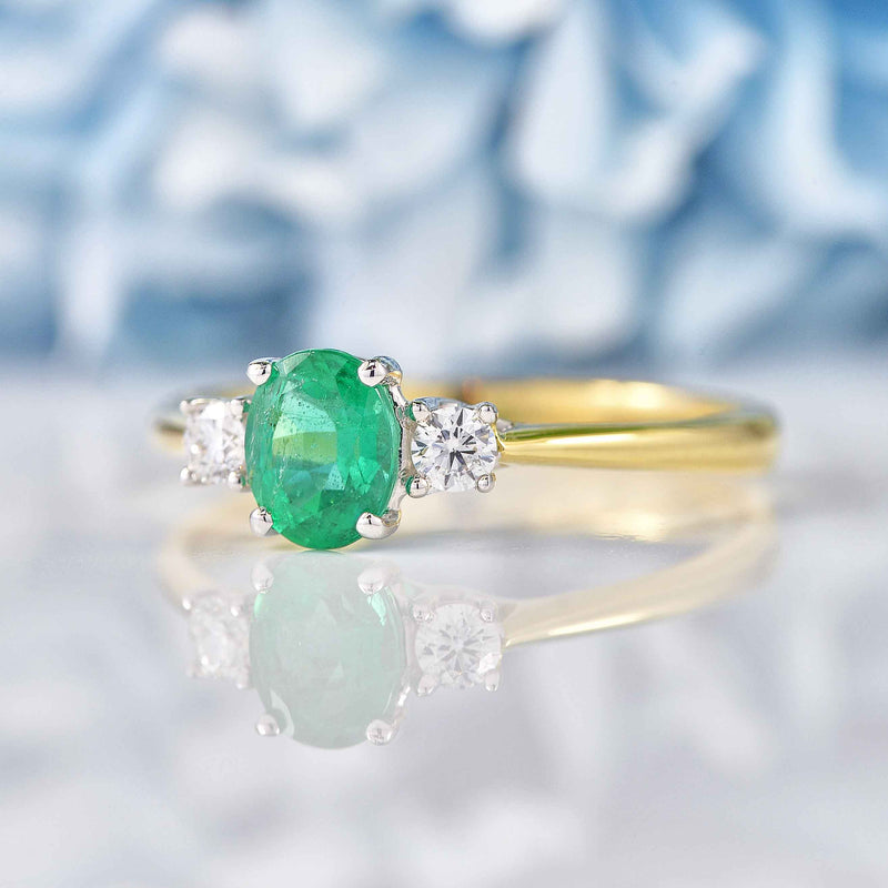 Ellibelle Jewellery Emerald & Diamond 18ct Gold Oval Three-Stone Engagement Ring (0.60ct)