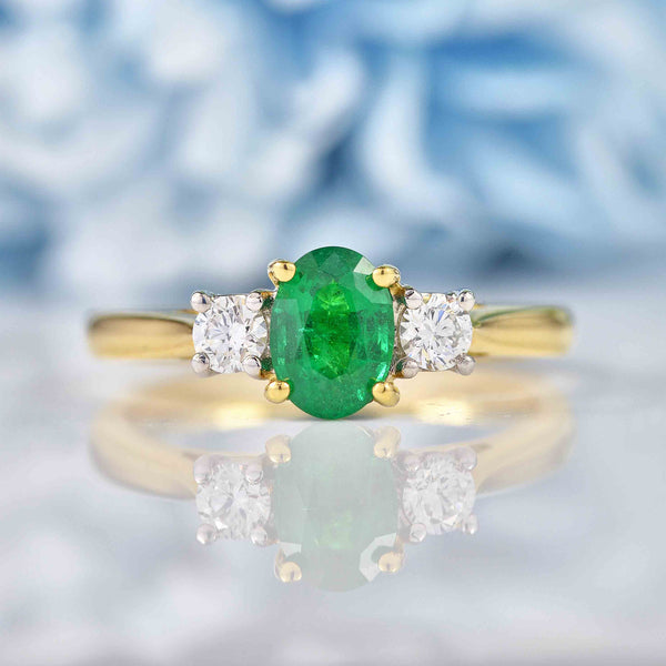 Ellibelle Jewellery Emerald & Diamond 18ct Gold Oval Three-Stone Engagement Ring (0.83ct)