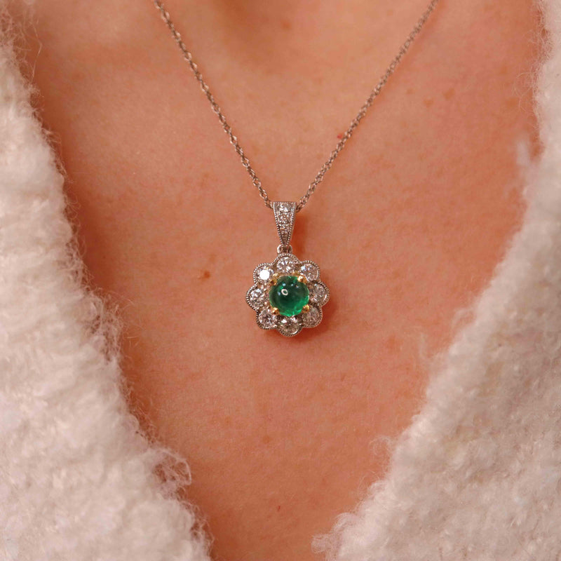 Ellibelle Jewellery Emerald & Diamond 18ct White Gold Daisy Cluster Pendant Necklace