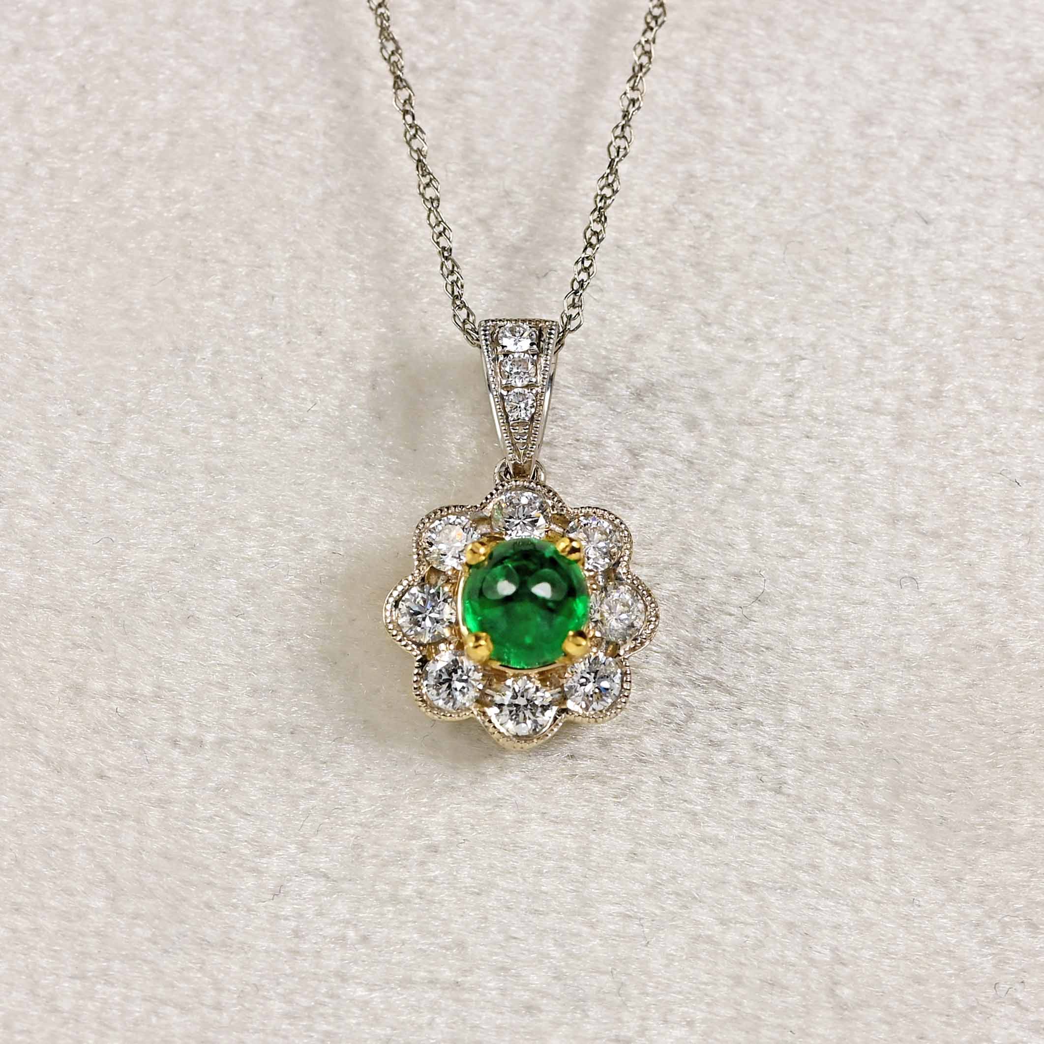 Ellibelle Jewellery Emerald & Diamond 18ct White Gold Daisy Cluster Pendant Necklace