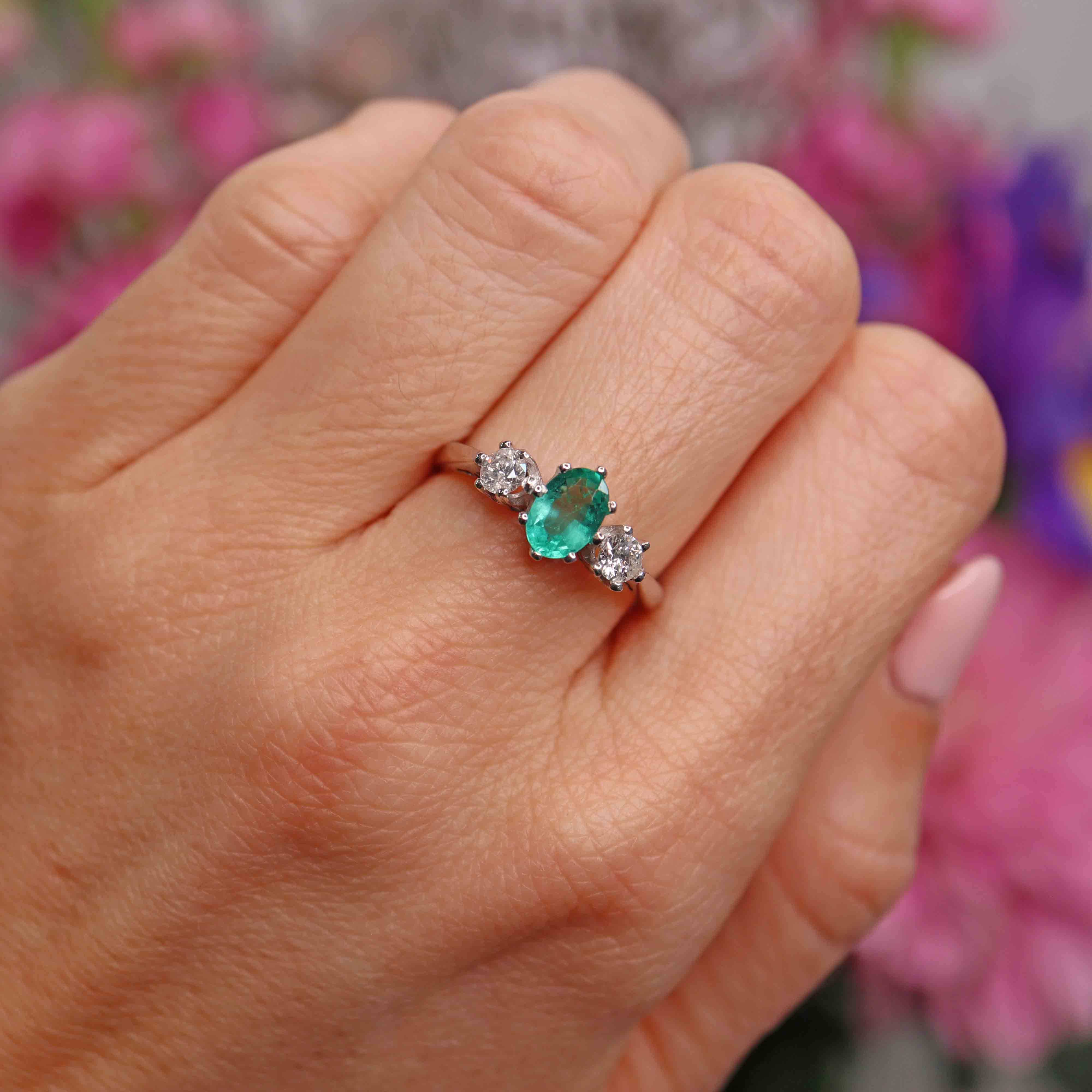 Ellibelle Jewellery Emerald & Diamond 18ct White Gold Three-Stone Engagement Ring (0.65cts)