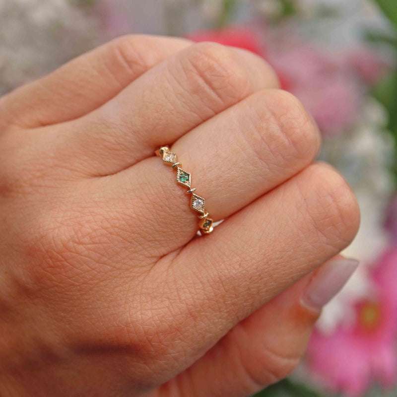Ellibelle Jewellery Emerald & Diamond 9ct Gold Wavy Stacking Band Ring