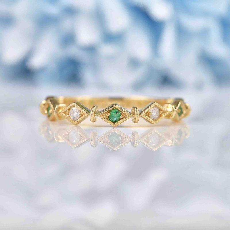 Ellibelle Jewellery Emerald & Diamond 9ct Gold Wavy Stacking Band Ring