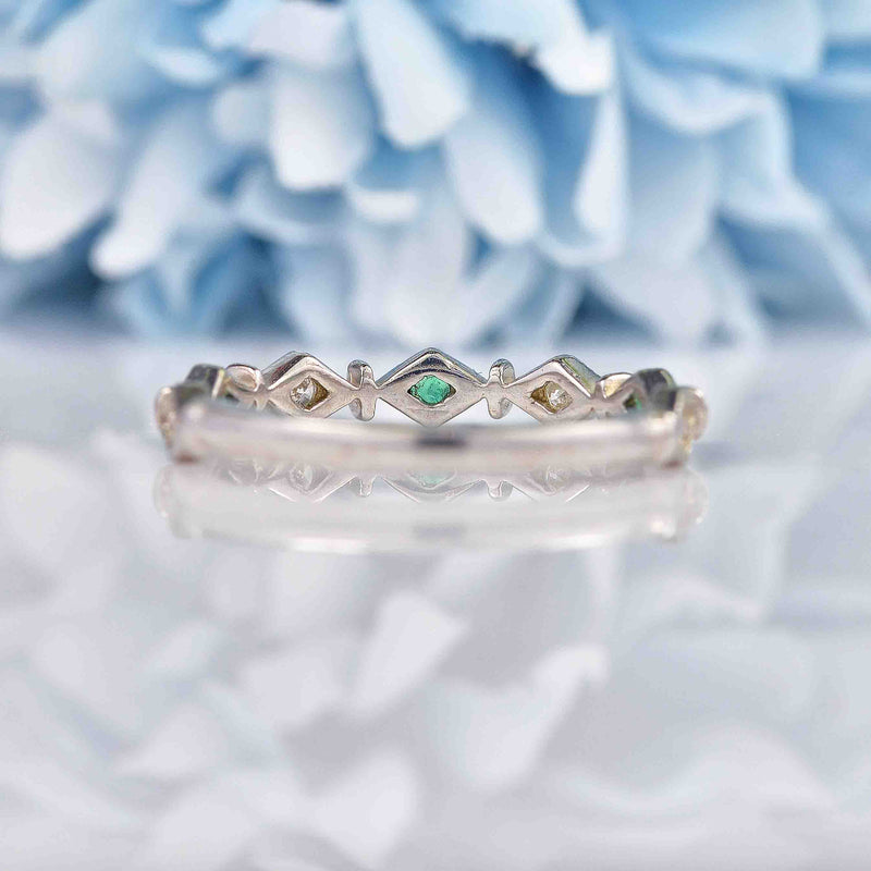 Ellibelle Jewellery Emerald & Diamond 9ct White Gold Wavy Stacking Band Ring