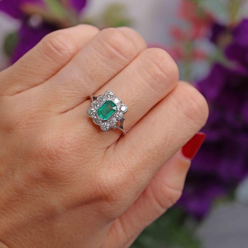 Ellibelle Jewellery Emerald & Diamond Platinum Rectangular Cluster Ring (0.85cts)