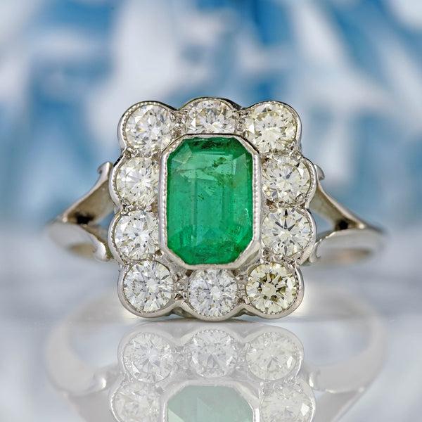 Ellibelle Jewellery Emerald & Diamond Platinum Rectangular Cluster Ring (0.85cts)