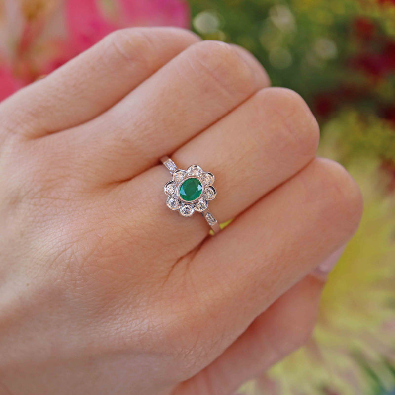 Ellibelle Jewellery Emerald & Diamond White Gold Cluster Ring