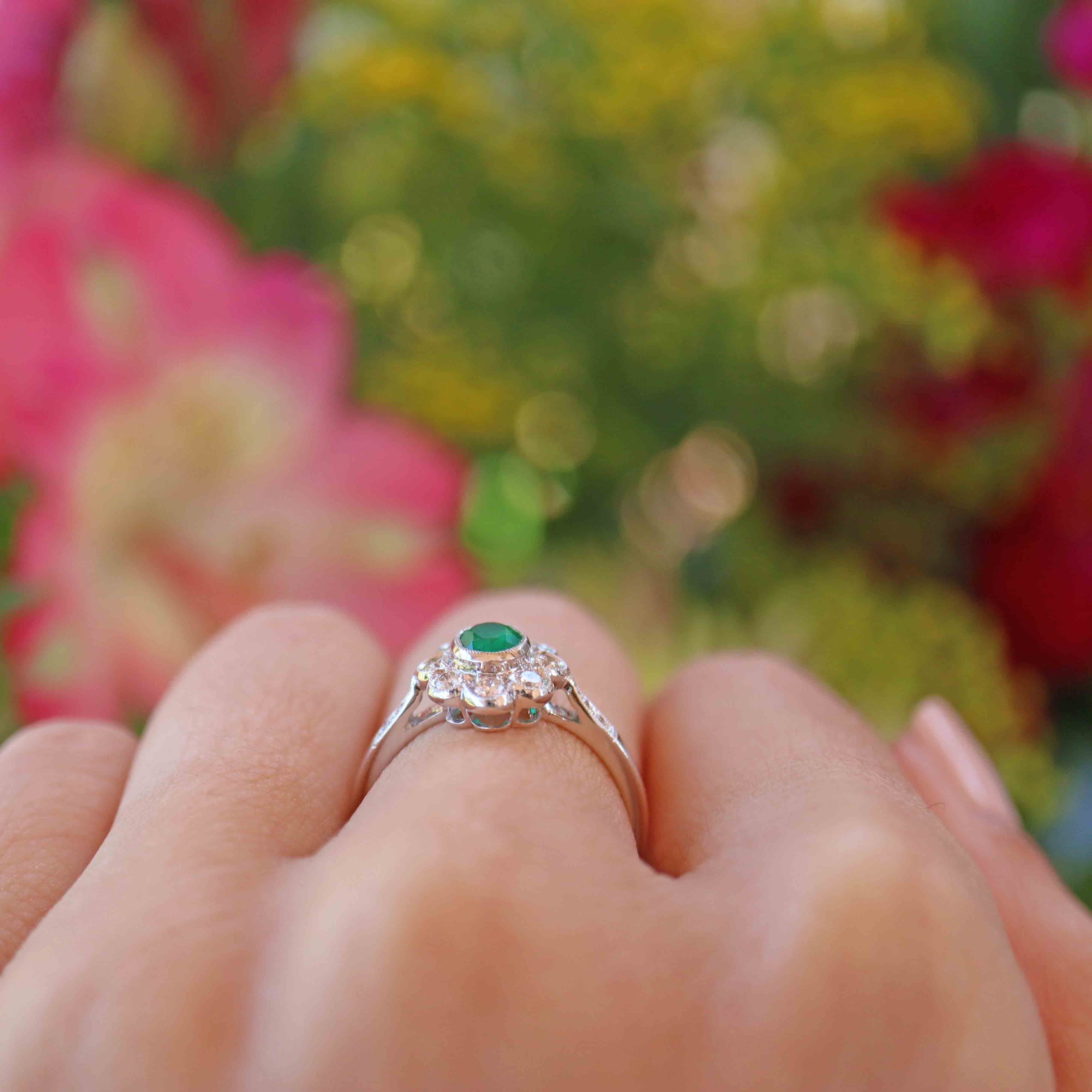 Ellibelle Jewellery Emerald & Diamond White Gold Cluster Ring