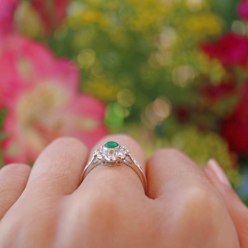 Ellibelle Jewellery Emerald & Diamond White Gold Cluster Ring