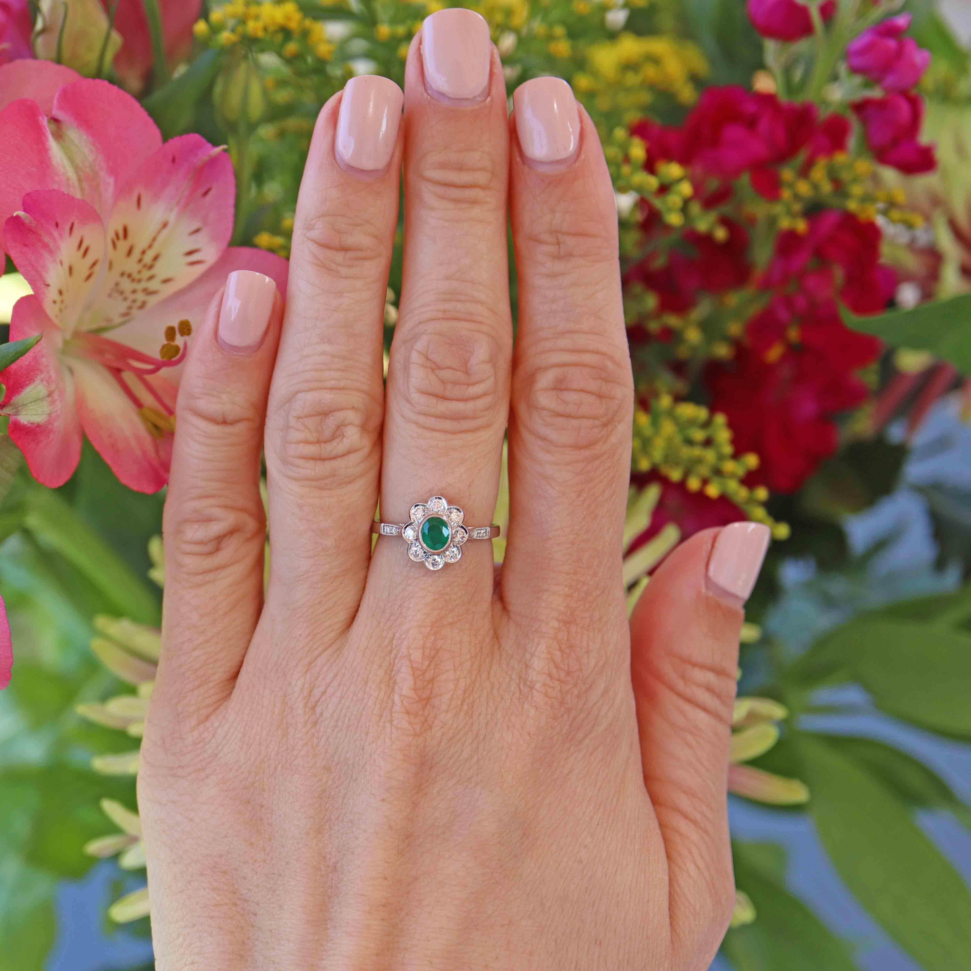 Ellibelle Jewellery Emerald & Diamond White Gold Cluster Ring