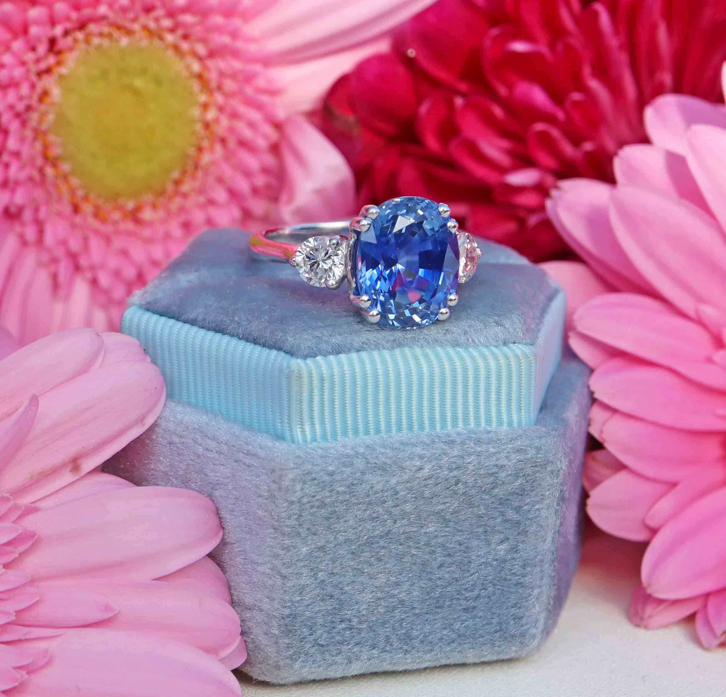 Ellibelle Jewellery French 5.97 Carat Unheated Ceylon Sapphire & Diamond 18ct White Gold Three-Stone Ring